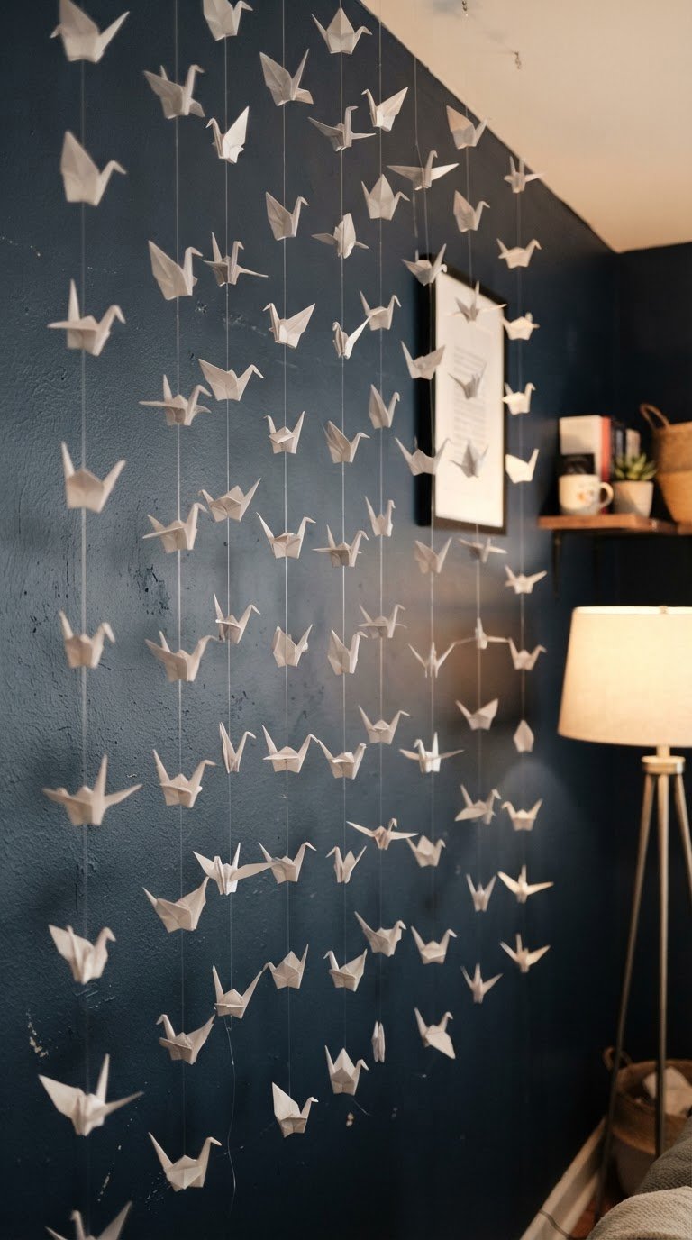 8. La cascata di origami fluttuanti su filo invisibile