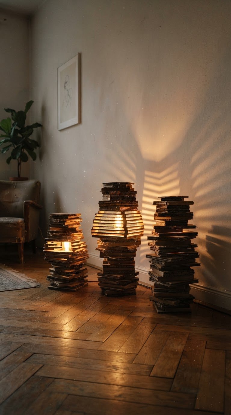 9. Lampade scultoree di cartone ondulato e luci calde