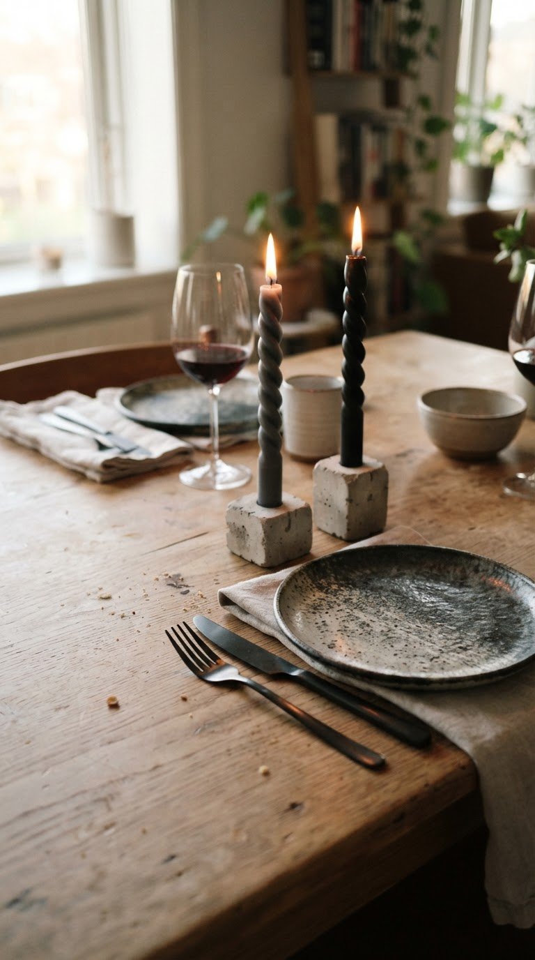 3. La Tavola Scultorea con Cemento, Metallo e Candele Strutturate