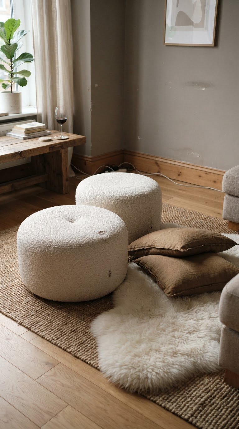 11. L'Angolo Lounge con Tappeti Sovrapposti e Pouf in Bouclé