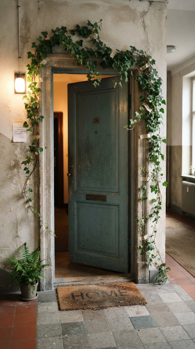 4. L'arco d'ingresso botanico realizzato con rami di edera fresca recisa
