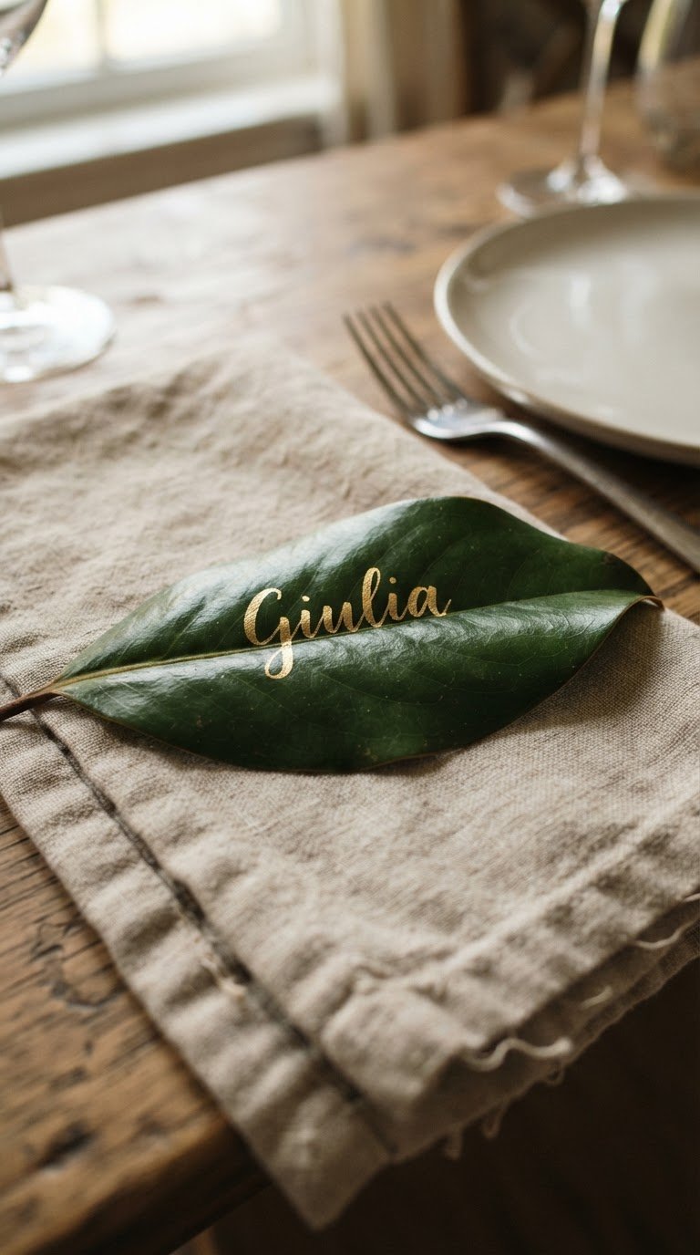 7. I segnaposto vegetali con foglie di magnolia e inchiostro metallizzato