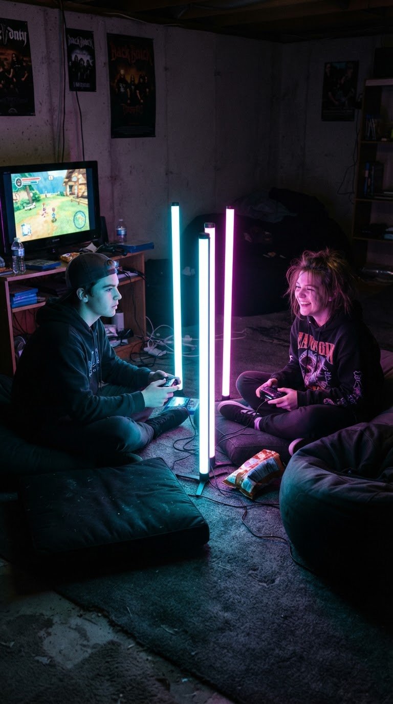 5. L'Angolo Lounge 'Cyber-Punk' con Tubi Neon LED Autoportanti in Verticale