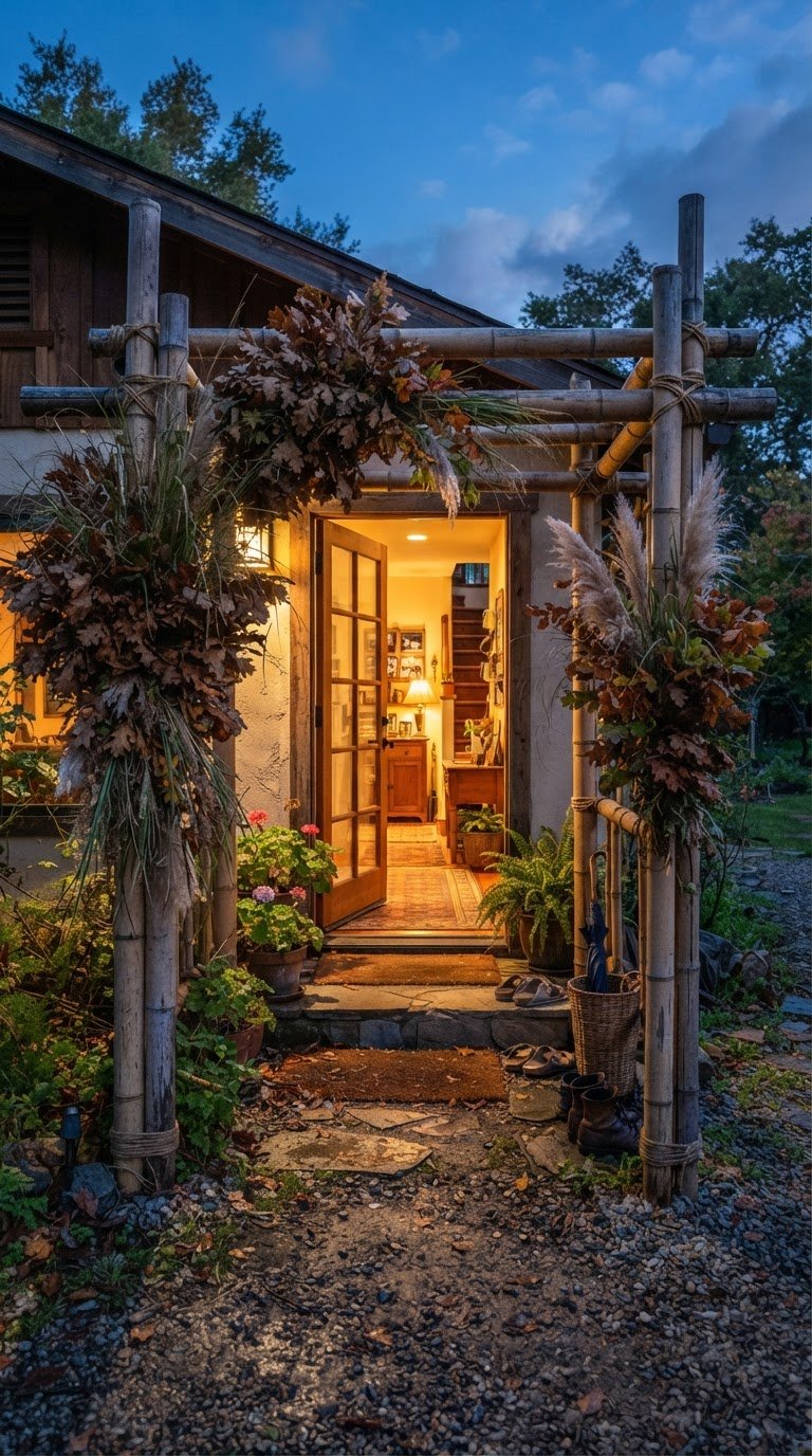 13. Il Portale d'Ingresso in Canne di Bambù Giganti e Fogliame Autunnale Essiccato