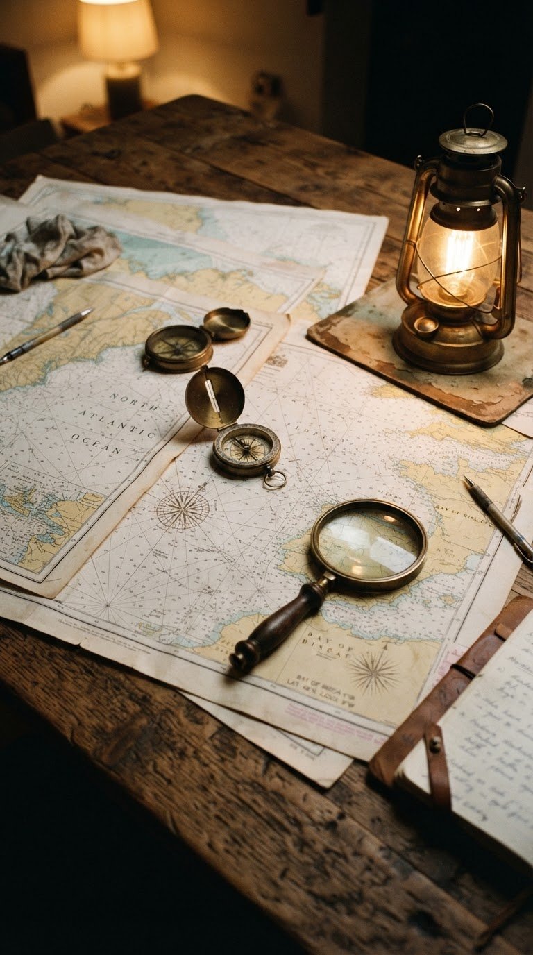 2. Il Tavolo delle Mappe Vintage con Lanterne da Cartografo