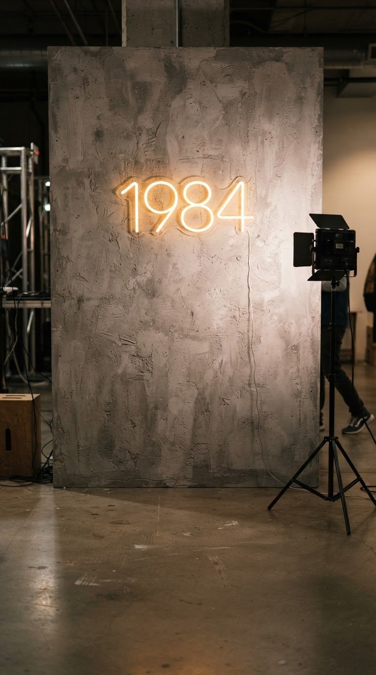 3. Il Backdrop Fotografico in Cemento Spatolato e Scritte al Neon Personalizzate