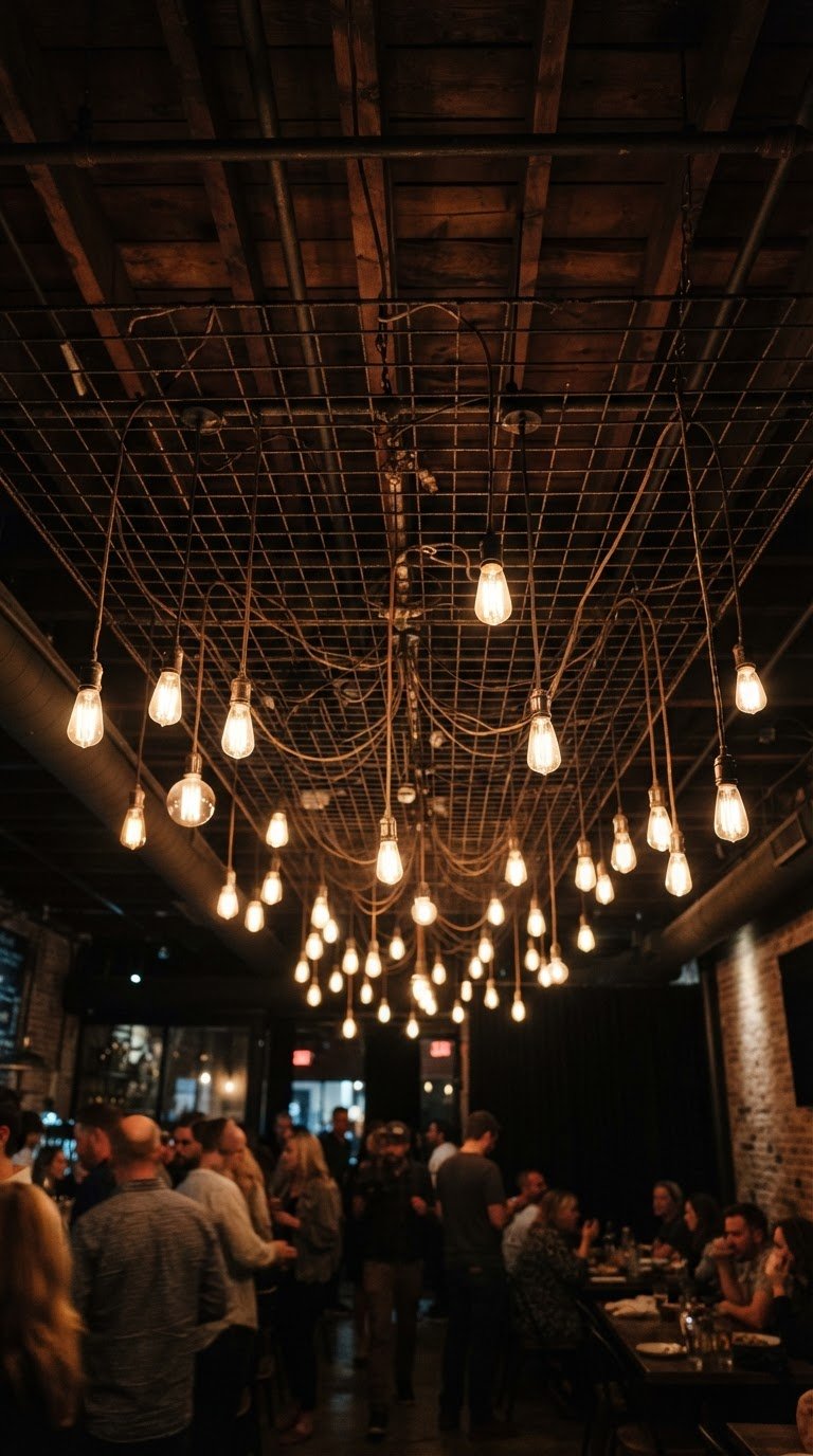 4. Il Soffitto con Reti Metalliche Sospese e Installazione di Lampadine Edison
