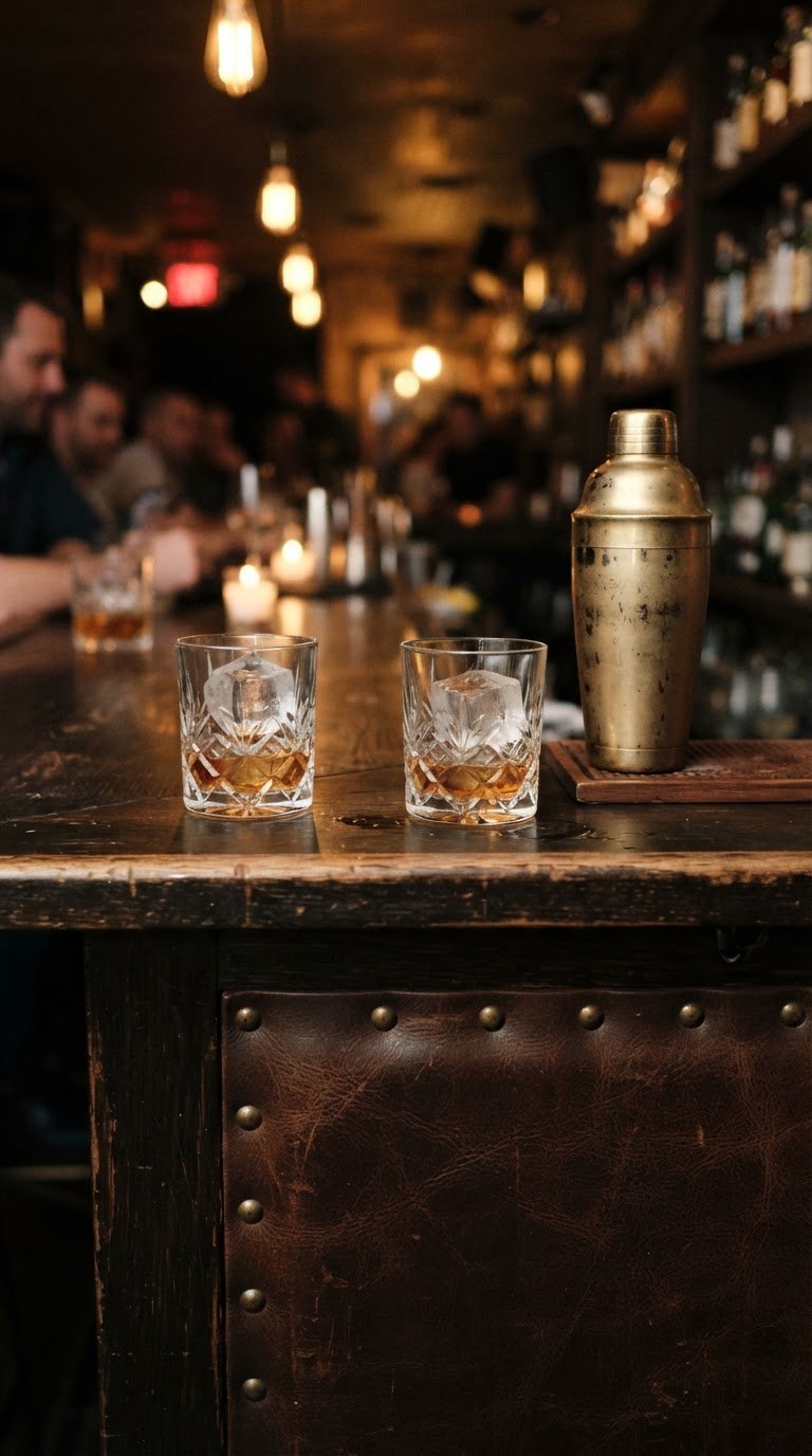 6. Il Bancone da Bar in Stile Club Inglese con Rivestimento in Cuoio e Dettagli in Ottone