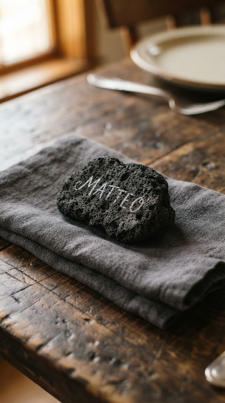 10. I Segnaposto Realizzati con Frammenti di Roccia Lavica e Calligrafia Bianca