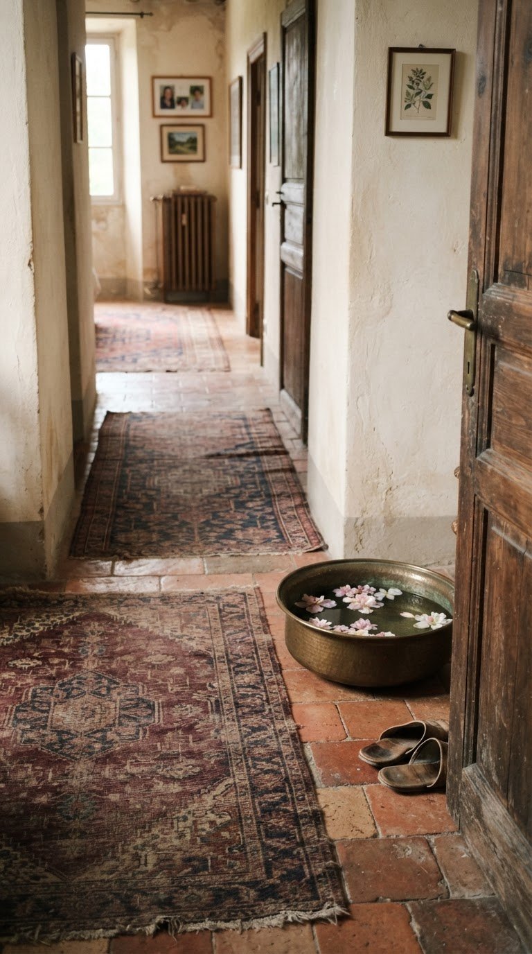 10. La Galleria d'Ingresso con Tappeti Persiani Antichi e Ciotole di Bronzo con Acqua e Petali