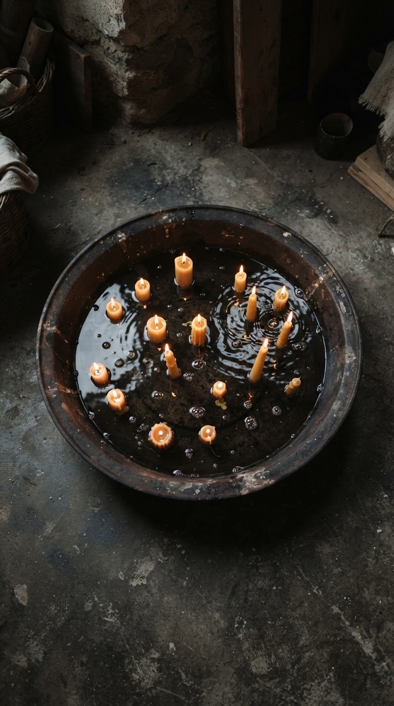 3. La costellazione di candele galleggianti in vasche di ghisa nera