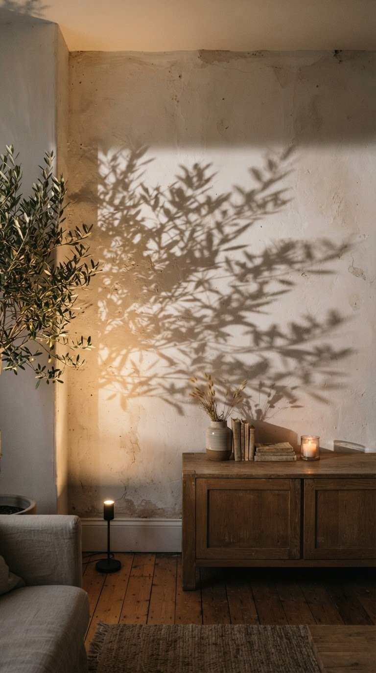 9. I pannelli d'ombra proiettata con rami di ulivo e fari caldi radenti