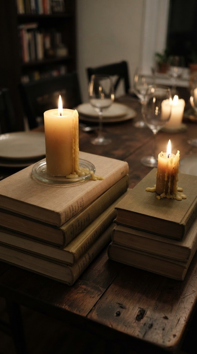 2. Il centrotavola scultoreo con pile di vecchi libri d'arte e candele a colonna