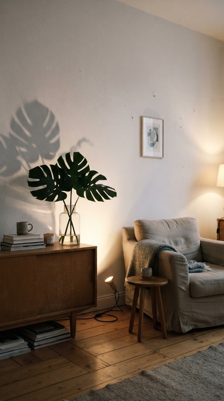 6. La parete di ombre cinesi creata con foglie di monstera retroilluminate da faretti LED