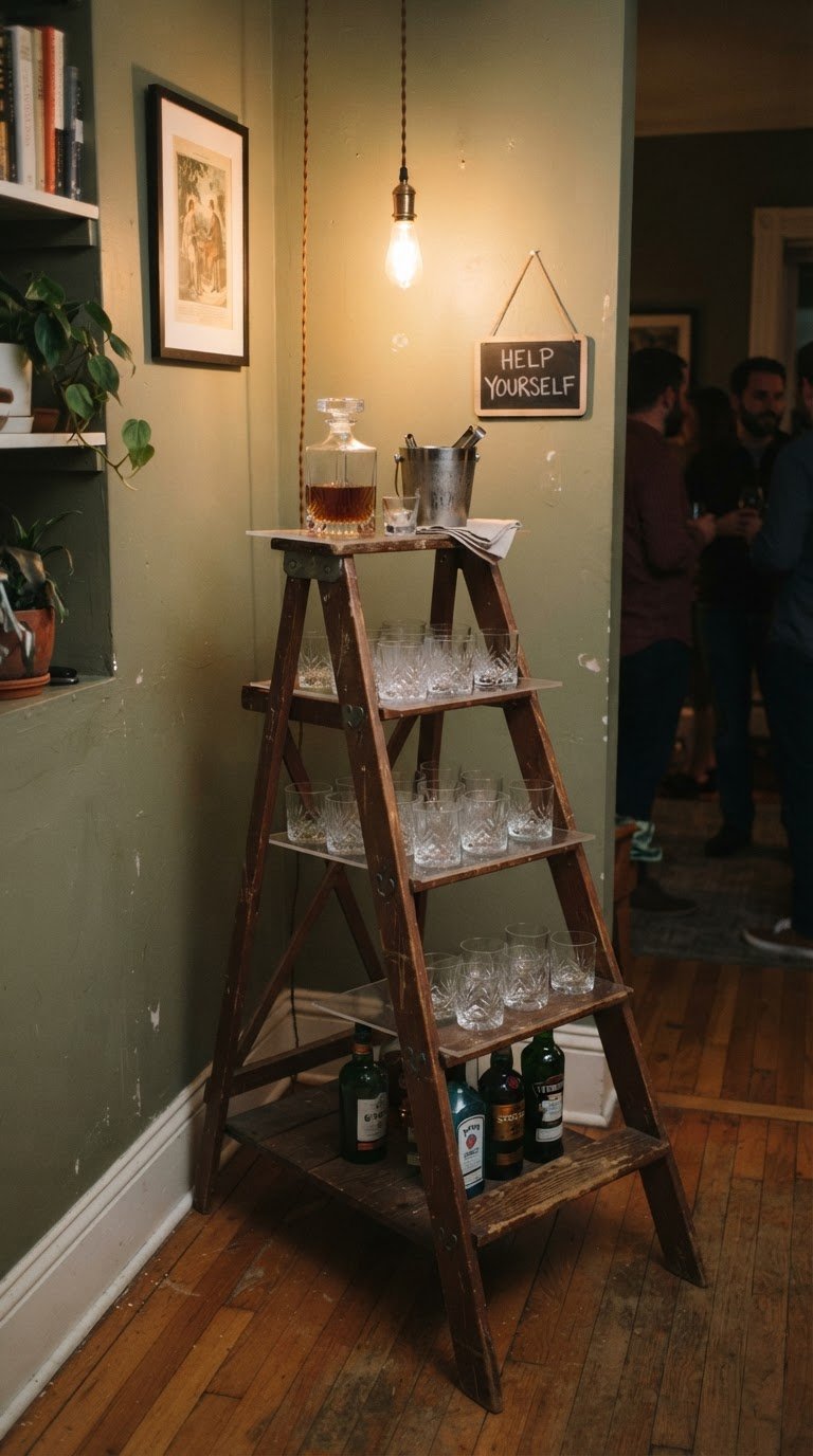 8. L'angolo bar allestito su una vecchia scala a pioli protetta da lastre di plexiglass