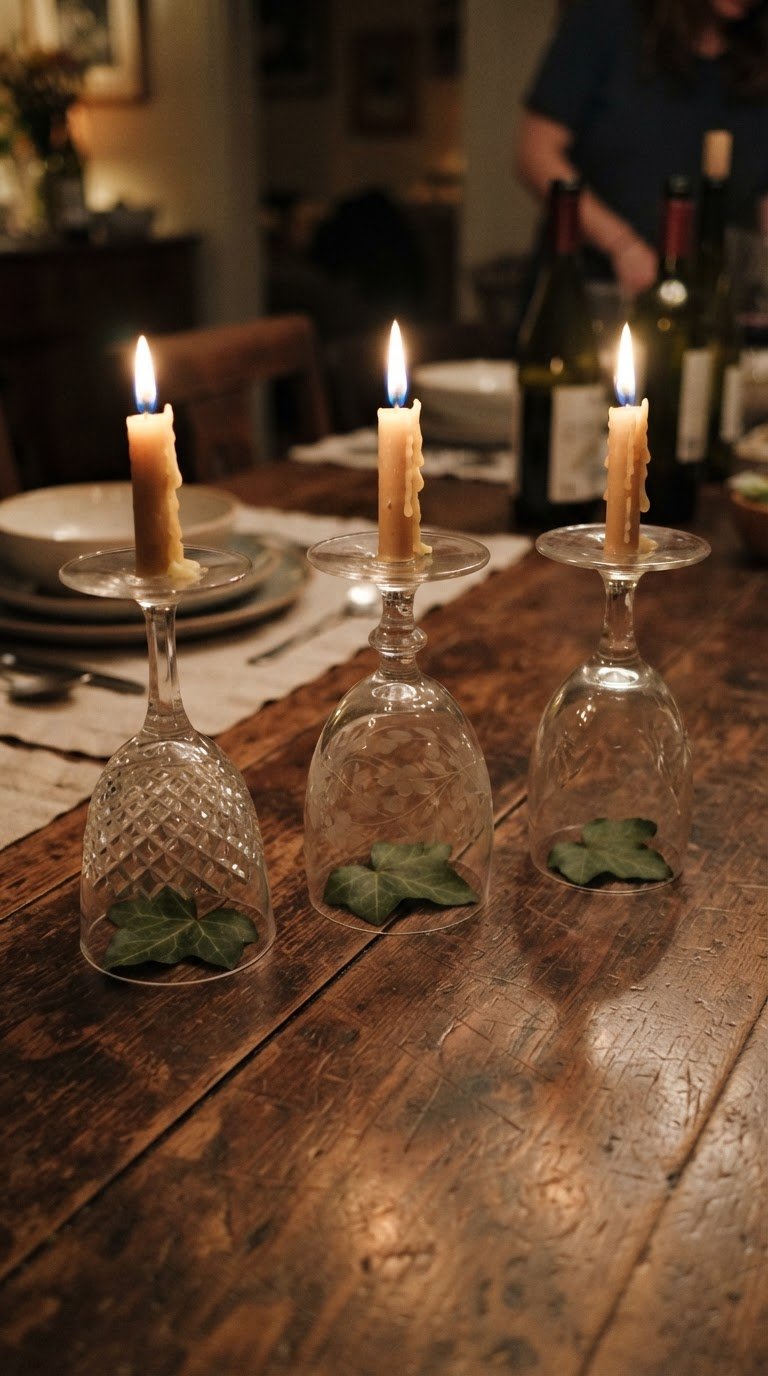 2. Il centrotavola scultoreo con calici spaiati rovesciati e candele a stelo