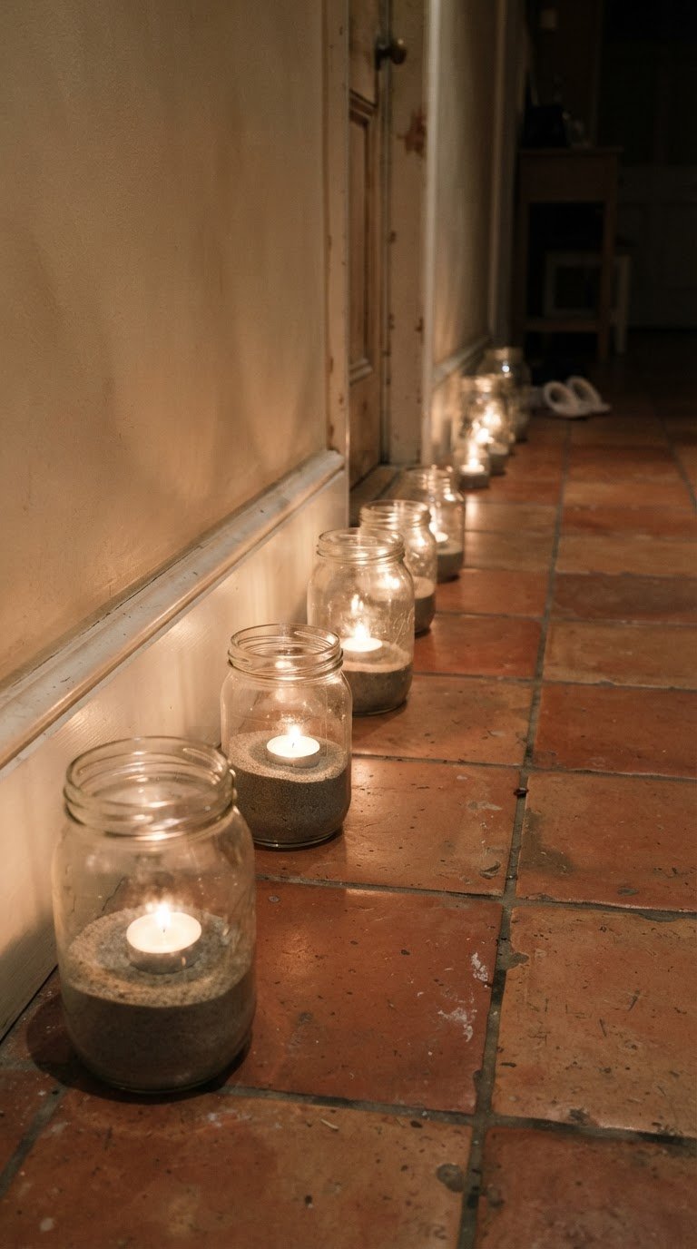 6. Le lanterne da terra in vasi da conserva riempiti di sabbia fine e lumini