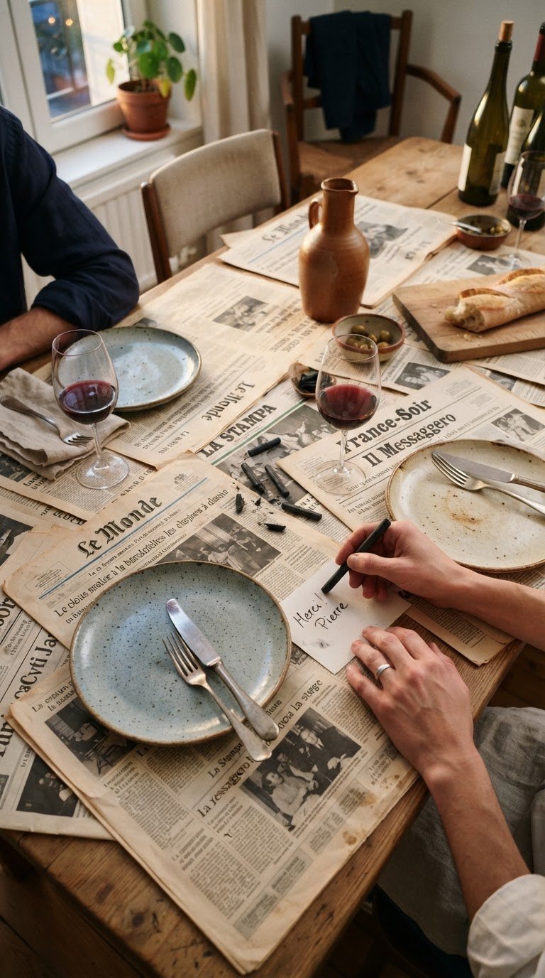 7. La tavola materica foderata di fogli di giornale internazionale vintage e carboncino