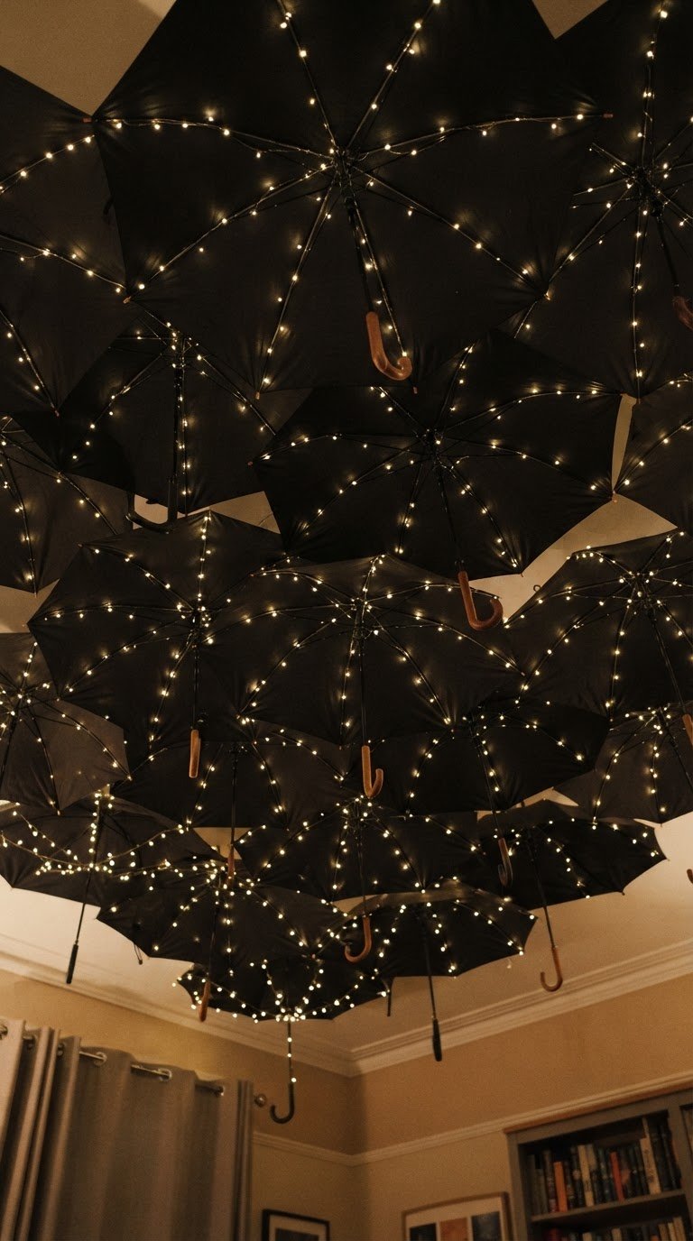 9. Il soffitto scenografico ricoperto di ombrelli neri aperti e micro-luci calde
