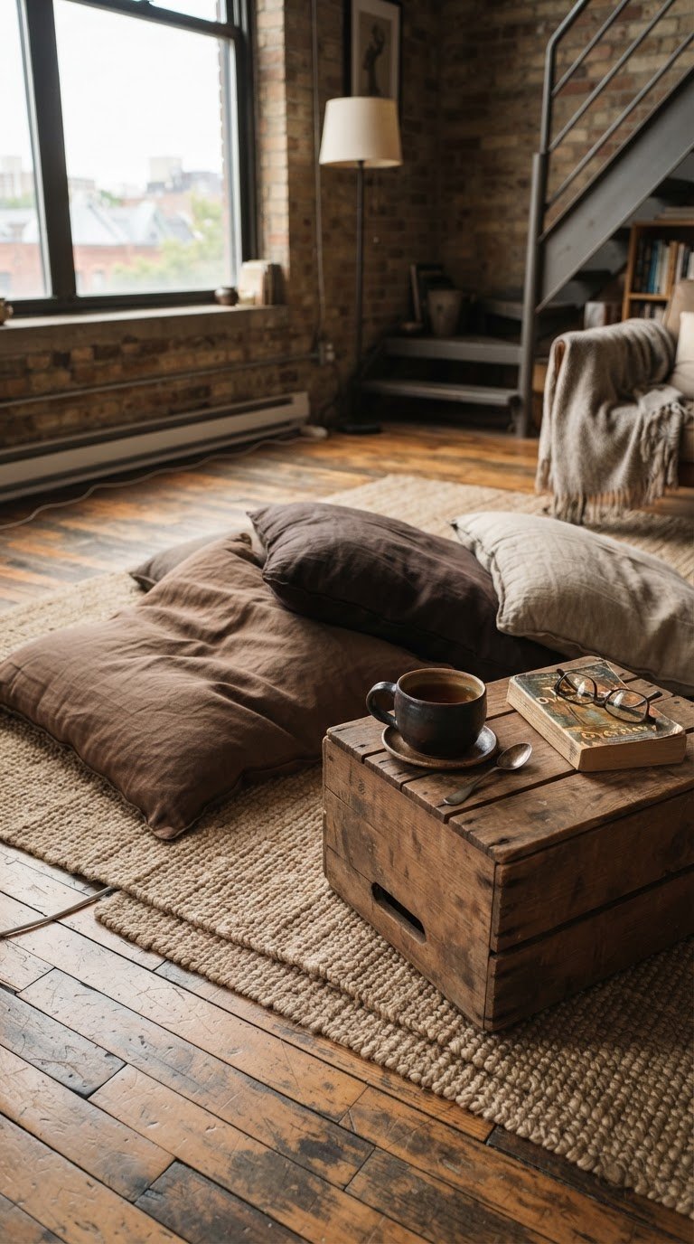 6. L'angolo relax con cuscini in lino lavato color fango e tappeti di canapa intrecciata