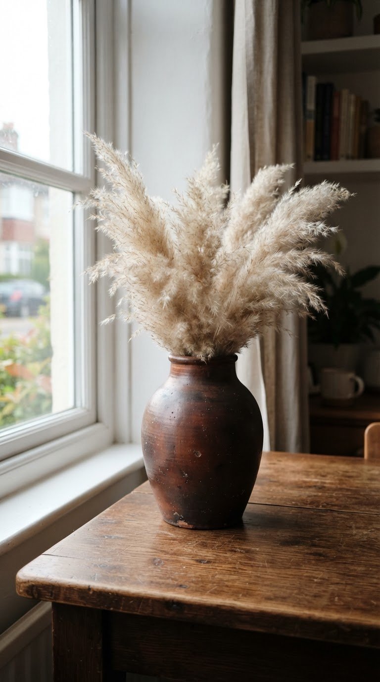 9. I centrotavola minimalisti con vasi in terracotta brunita e pampas selvatiche