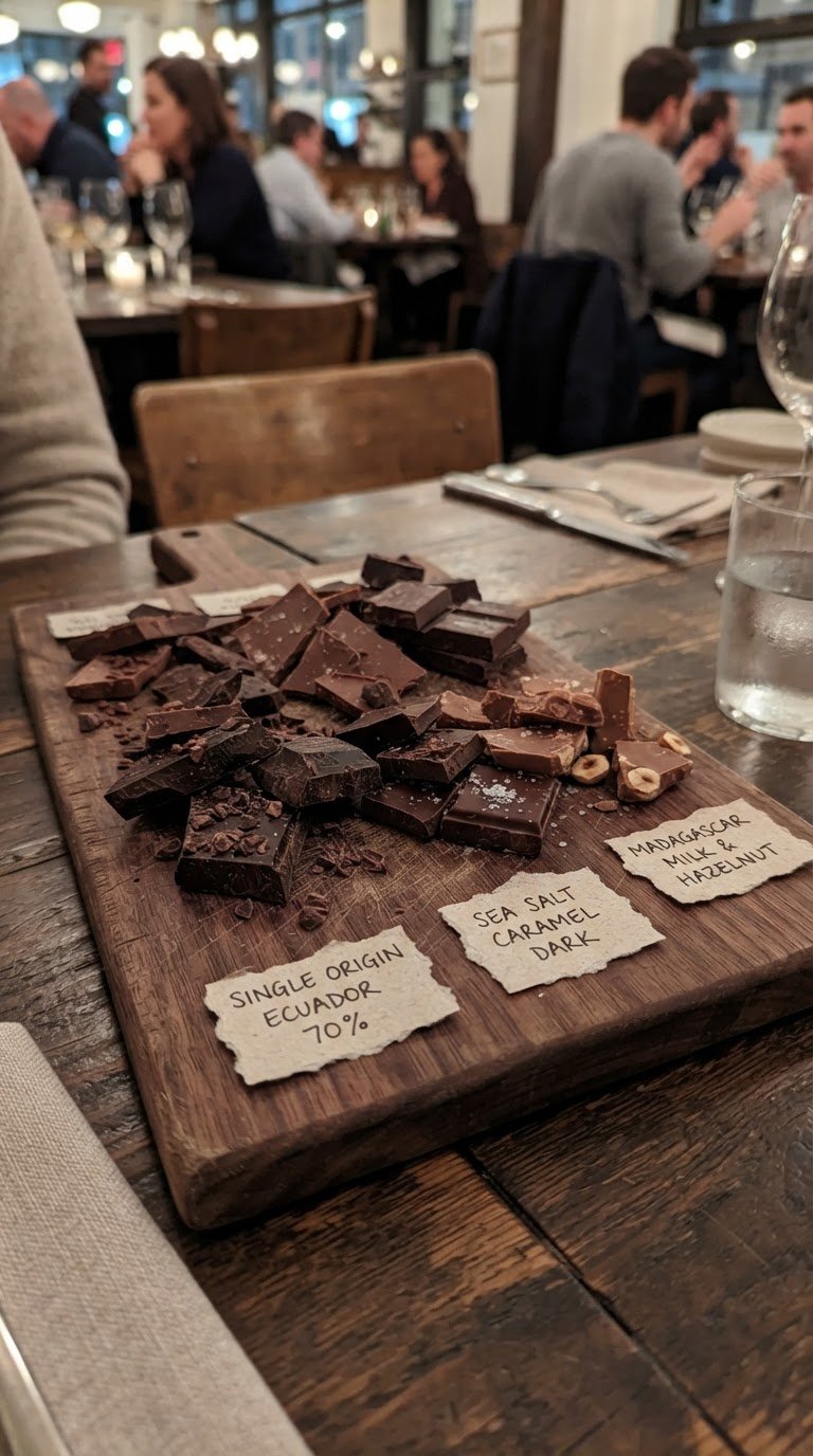 10. La degustazione sensoriale di cioccolato artigianale presentata su taglieri di noce scuro