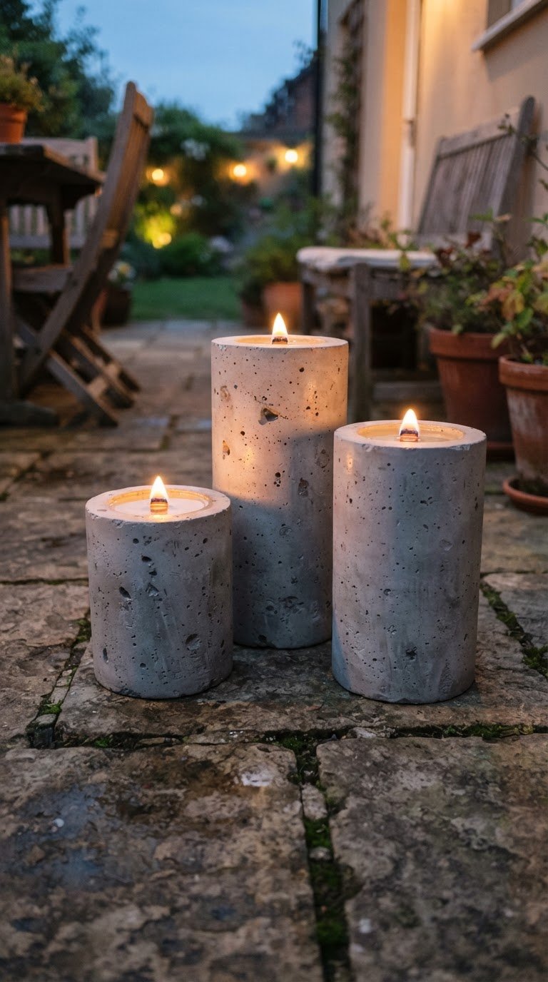I cilindri di cemento spazzolato con candele galleggianti in olio vegetale profumato