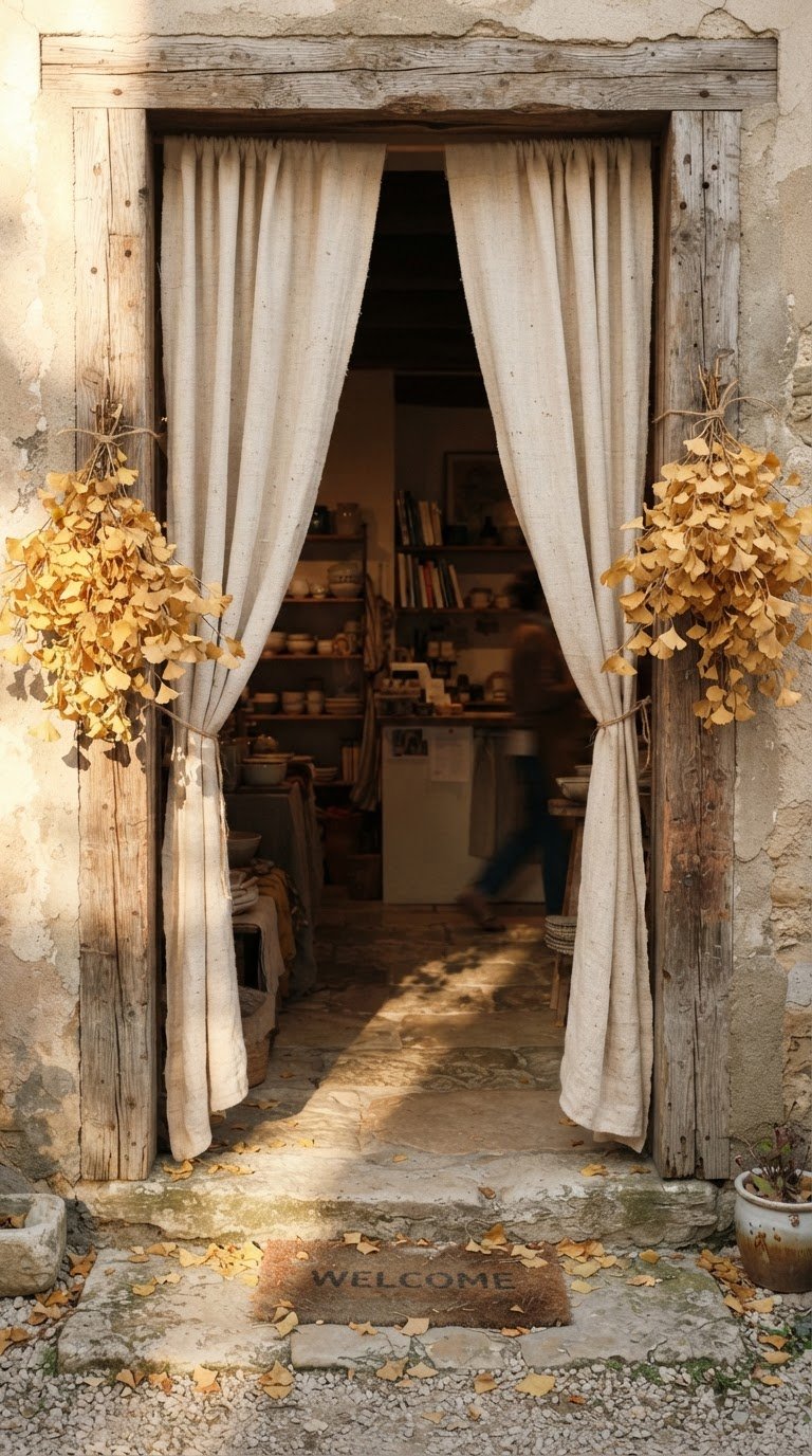 La soglia d'ingresso con tende di canapa pesante e rami secchi di ginkgo biloba