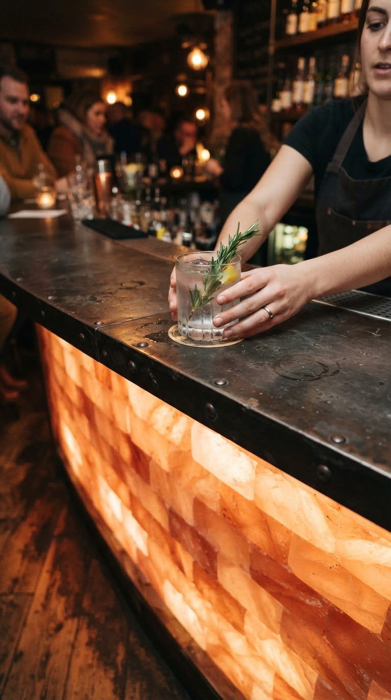 Il bancone bar illuminato da lastre di sale marino e dettagli in ferro battuto