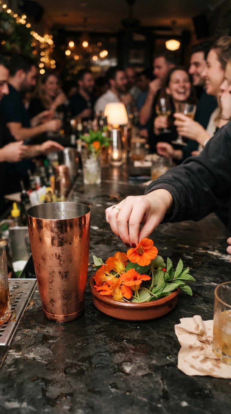 Il cocktail-bar sensoriale decorato con ghiaccio fiorito e nasturzio