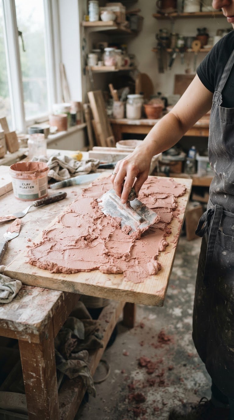 Il pannello materico fai-da-te in argilla rosa con texture spatolata