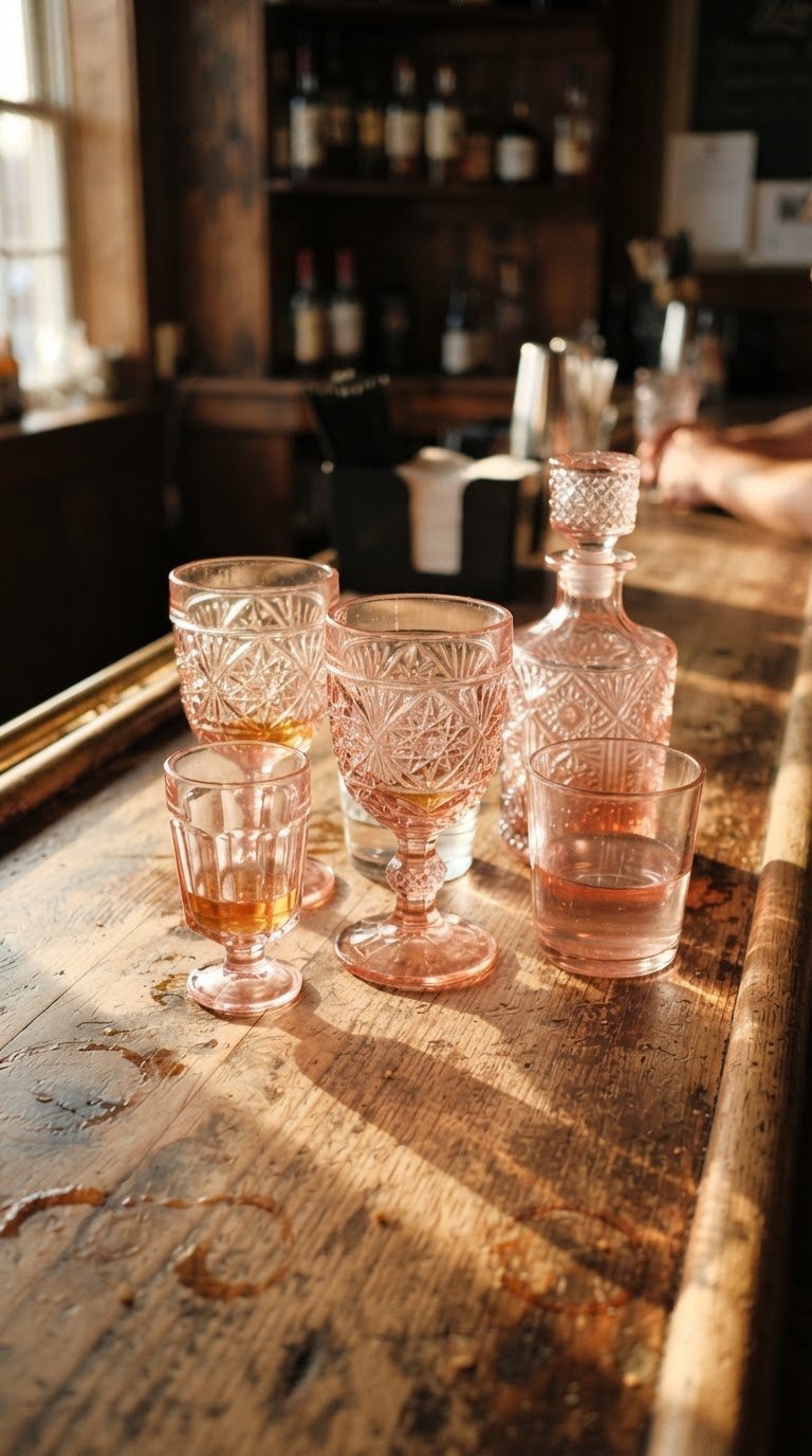 La dispensa dei cocktail: bicchieri vintage e caraffe in vetro pressato rosa