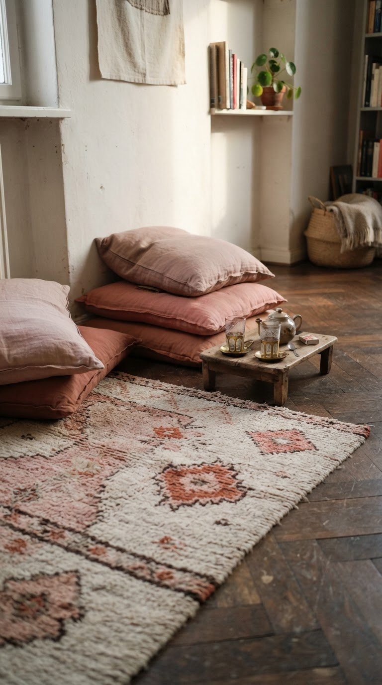 L'area relax desertica con tappeti berberi rosa antico e cuscini di lino