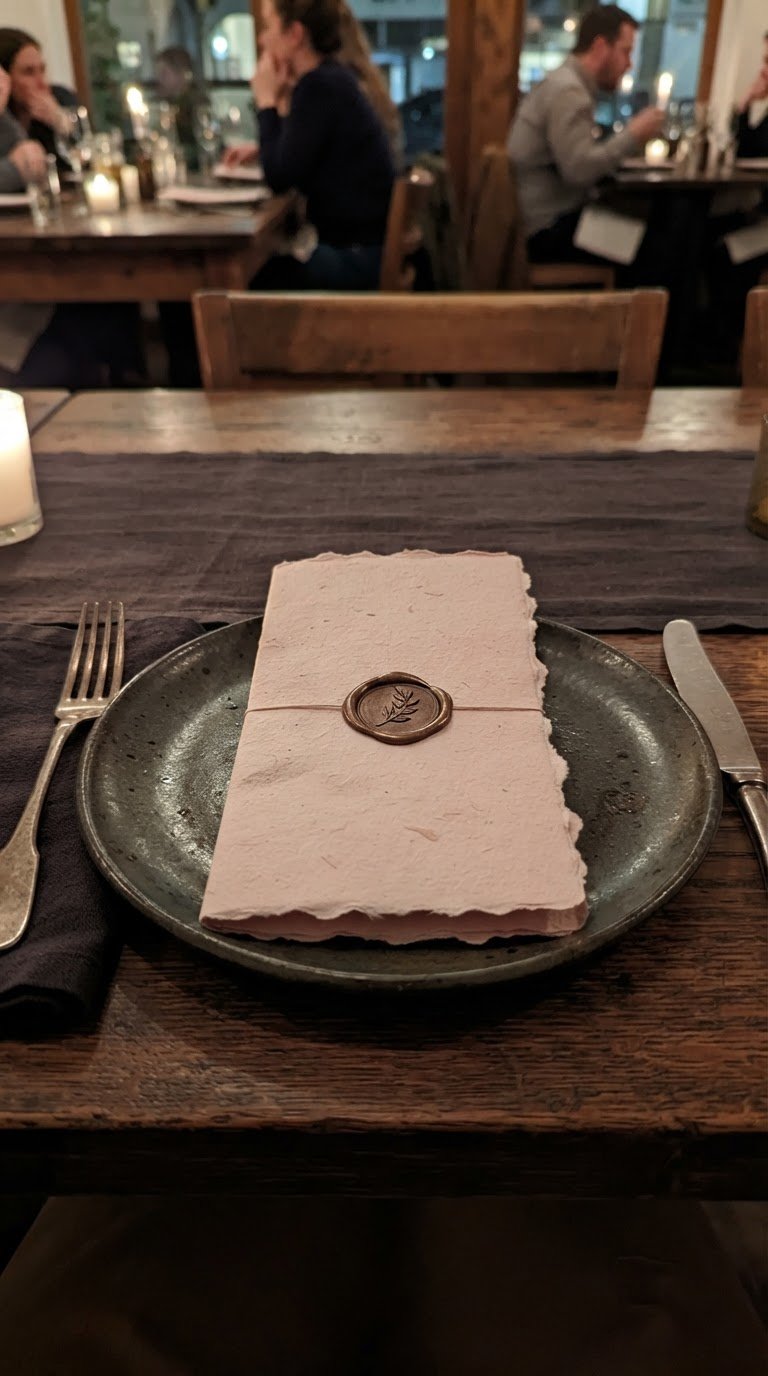 I menu stampati su carta artigianale rosa cipria con sigilli in ceralacca bronzo