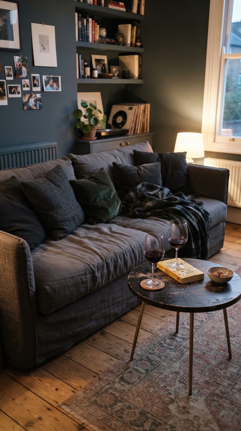 La zona lounge in lino antracite con tavolini bassi dalle gambe in ottone
