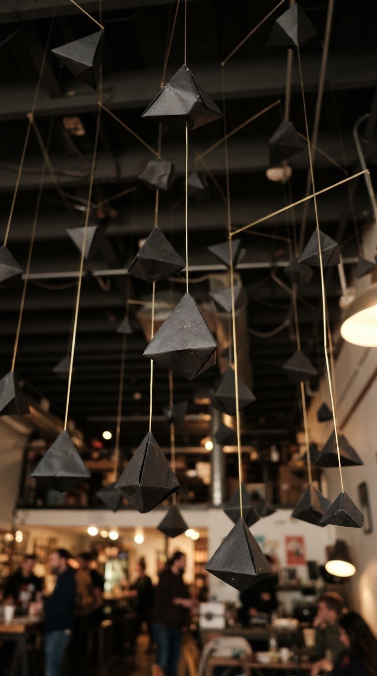 L'installazione aerea di origami geometrici neri retti da fili d'ottone