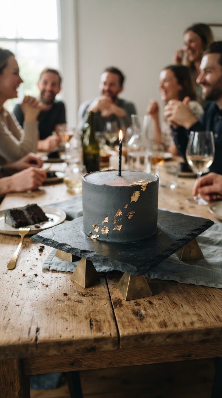 Il piedistallo per la torta in ardesia spaccata sorretto da prismi geometrici dorati