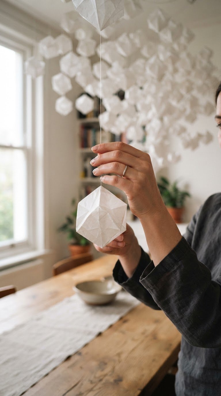 L'installazione aerea di moduli origami in carta da lucido bianca