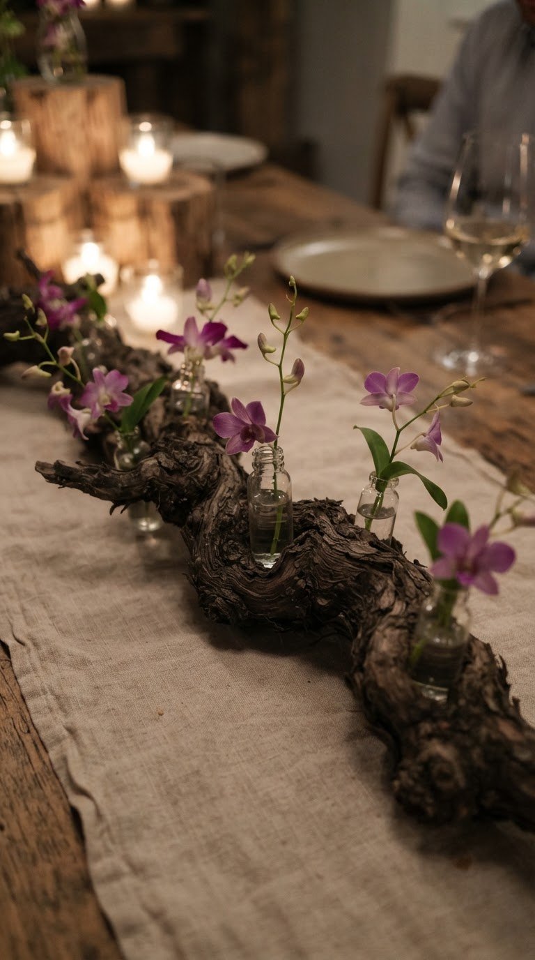 La scultura di radici secche intrecciate con micro-fiale di orchidee selvatiche