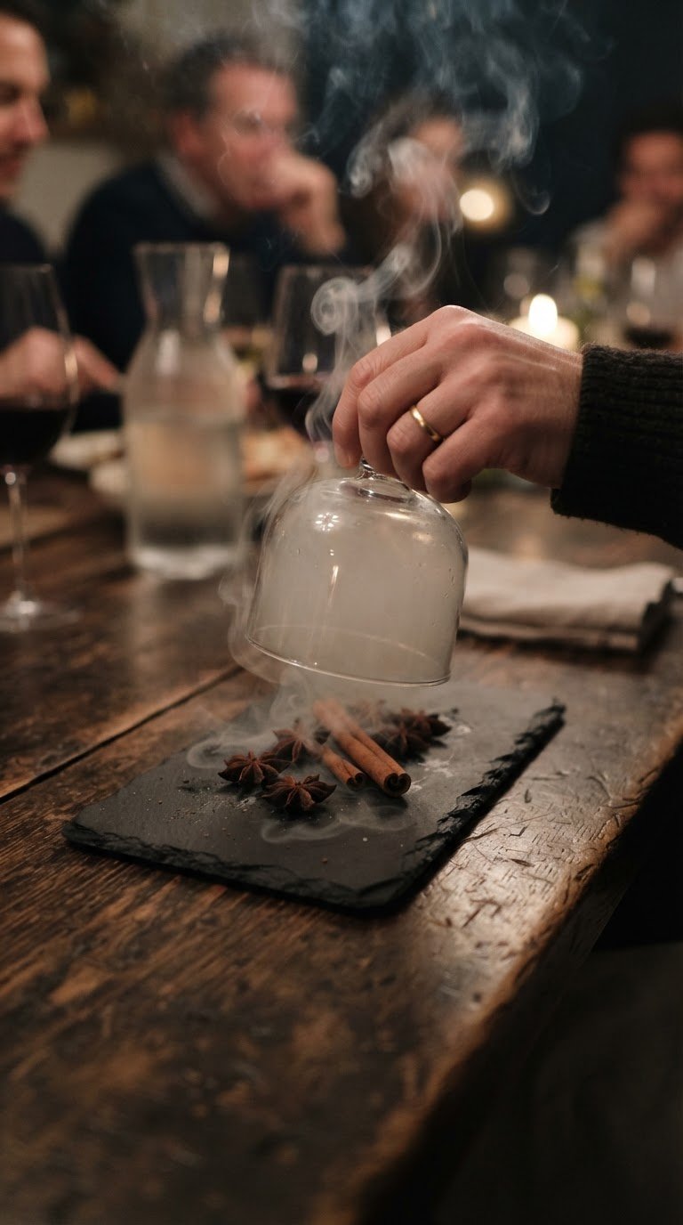 La cupola di vetro con campane di fumo aromatico e spezie tostate