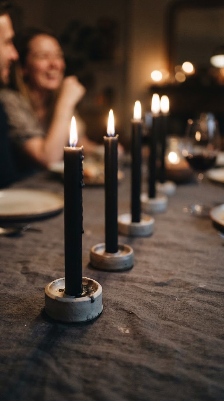 Il cammino di candele coniche nere su basi di argilla grezza fatte a mano