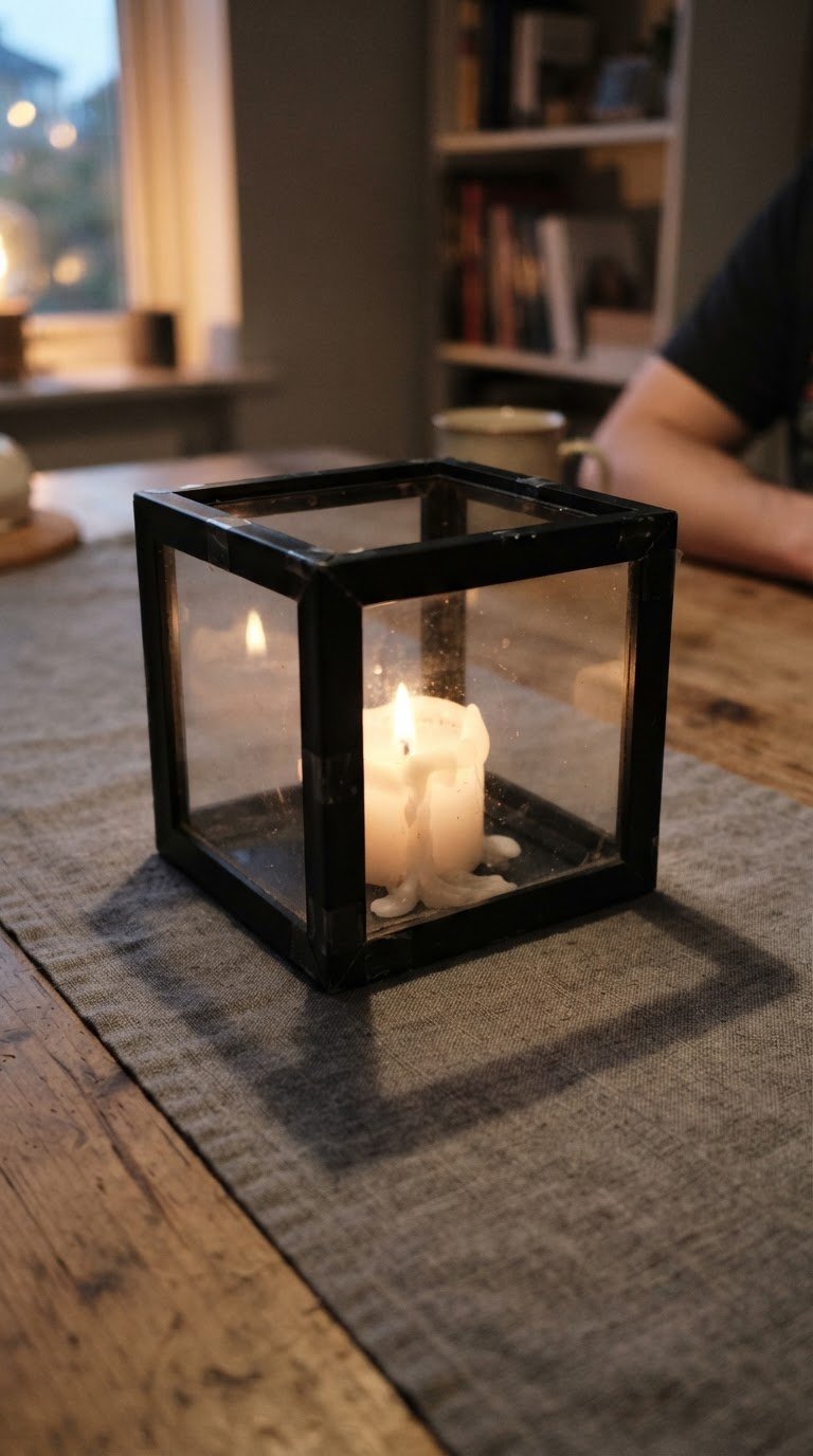 La lanterna a cubo assemblata incollando quattro cornici per foto in plastica