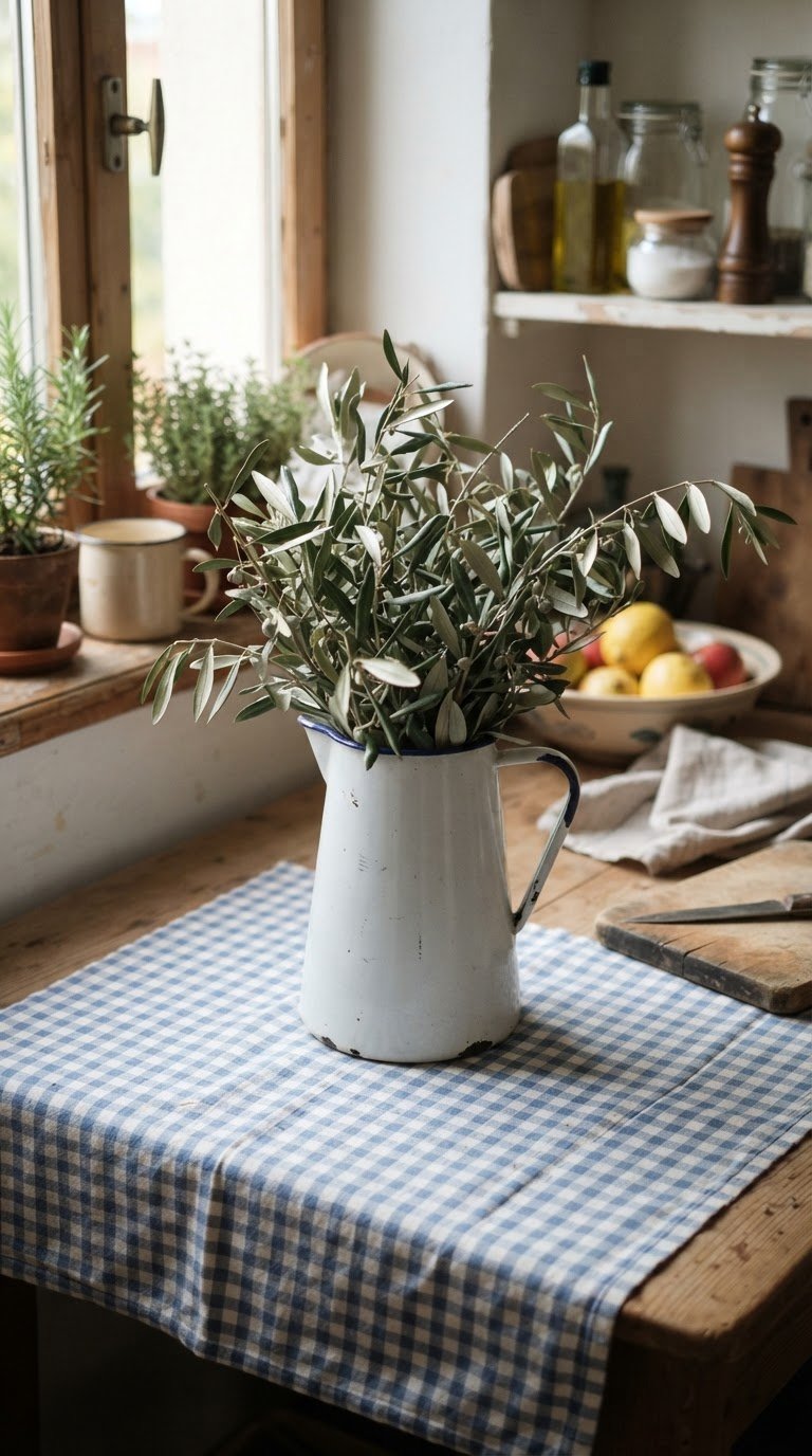 Le caraffe in smalto bianco stile retrò con fronde di ulivo selvatico