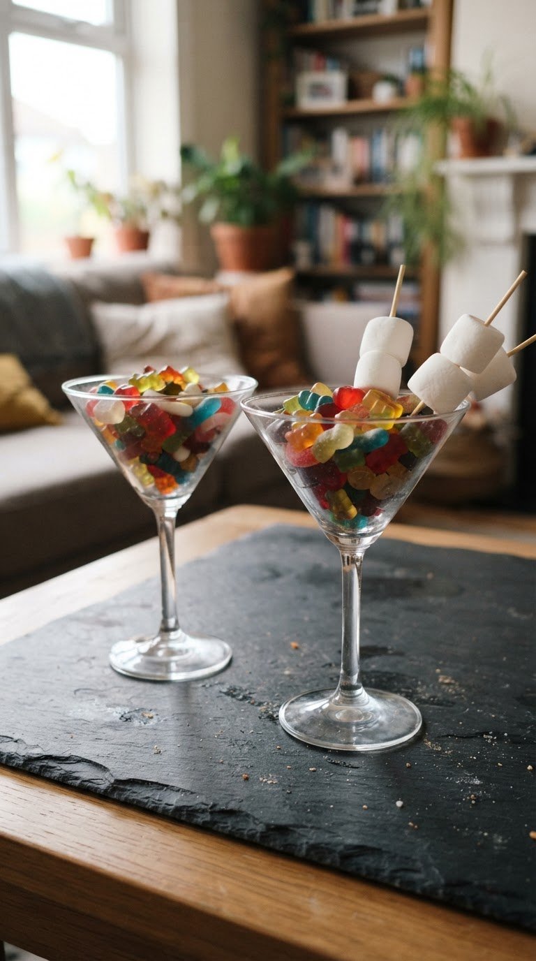 I calici da martini riempiti di gelatine gommose e spiedini dolci
