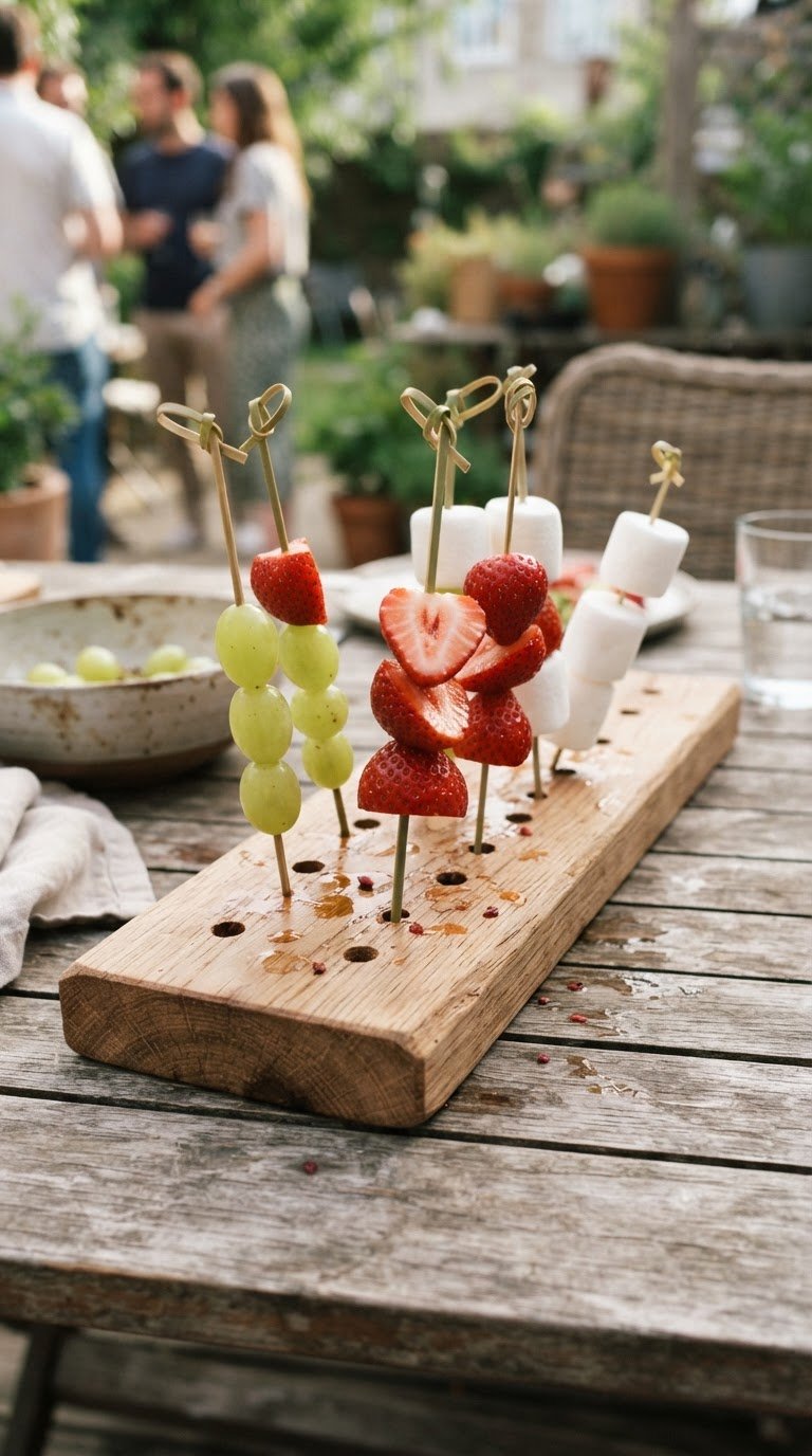 La foresta commestibile di spiedini di frutta e alberi di marshmallow