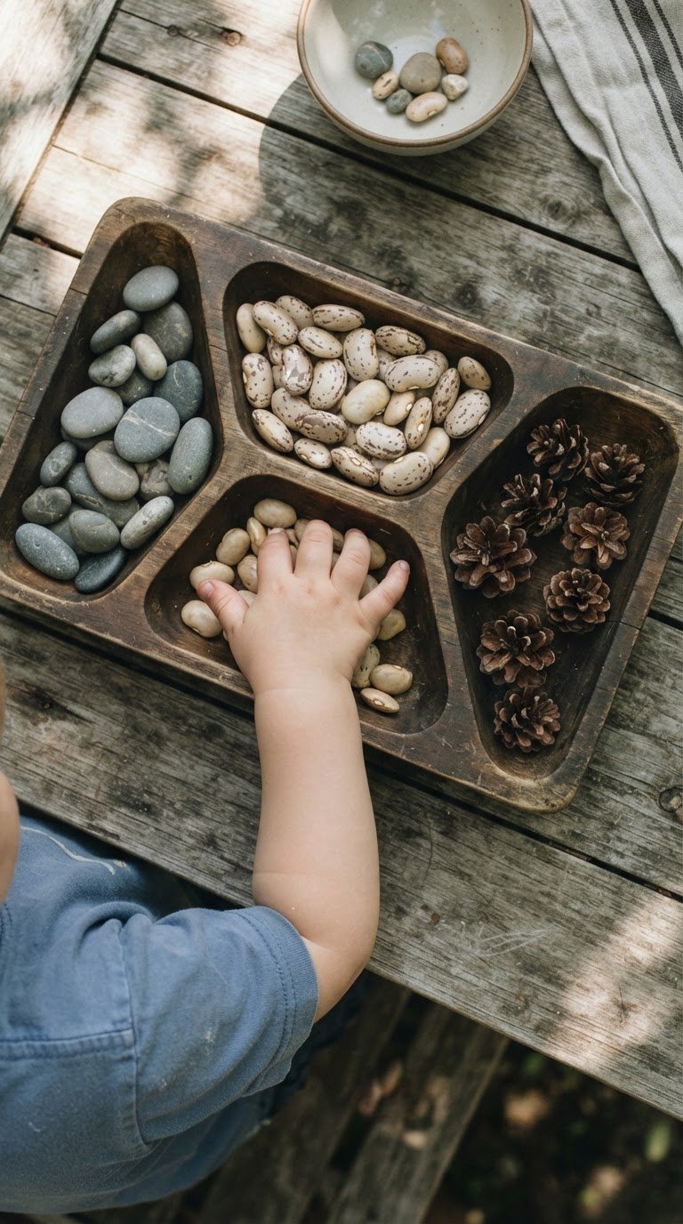 Il vassoio tattile Montessori con legni levigati e semi colorati di grande formato