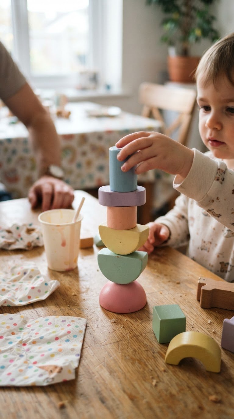 La torre d'equilibrio instabile in semisfere di legno colorate