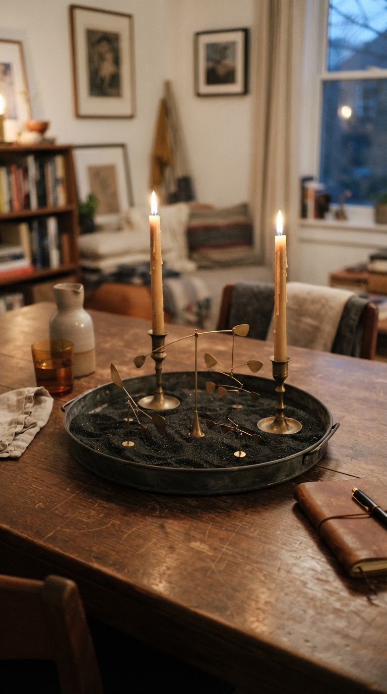 Il vassoio di sabbia vulcanica nera con sculture cinetiche in ottone e candele