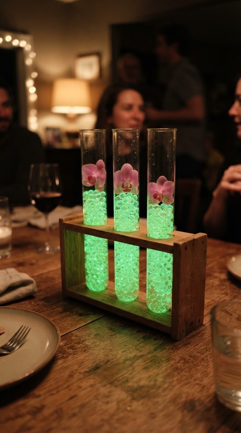 Le provette giganti con gel idroponico fluorescente e fiori esotici stabilizzati