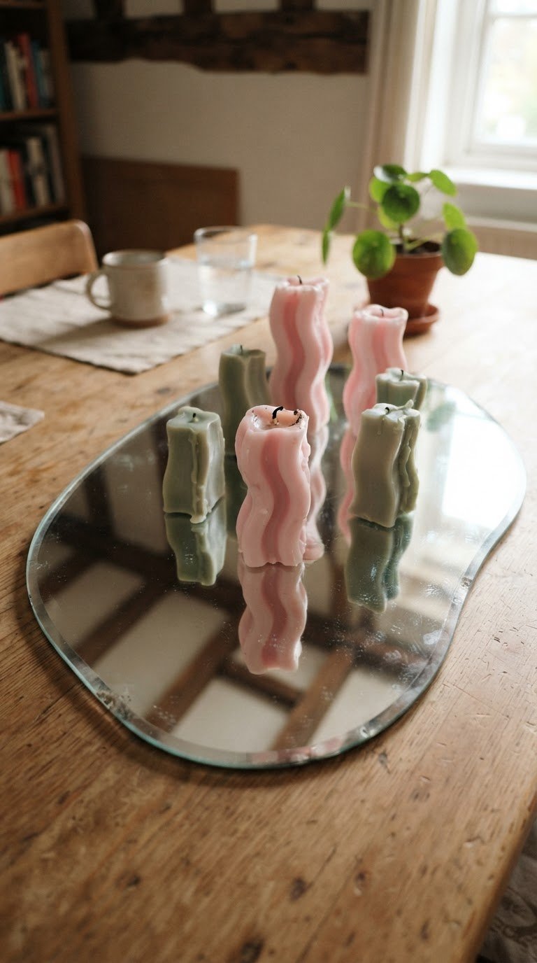 Il set di candele scultoree sinuose disposte su specchi dal taglio ondulato